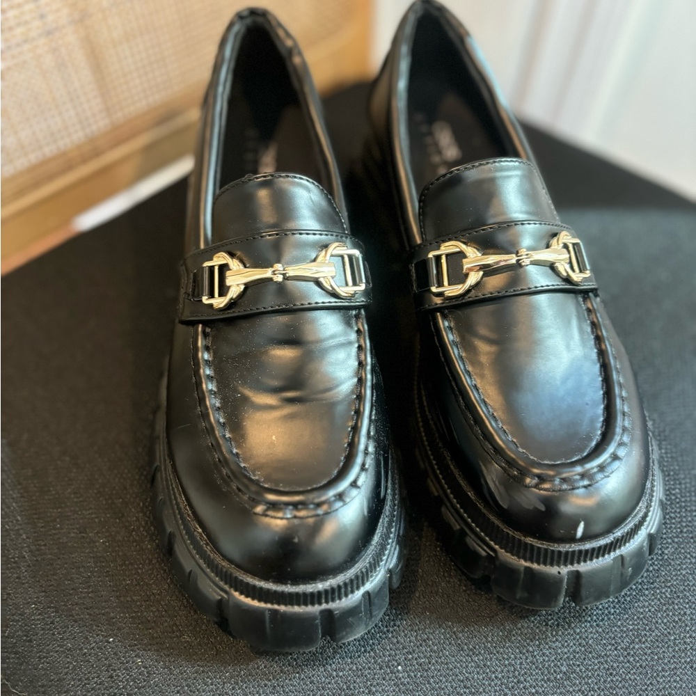 ASOS Glossy Black Loafers with Gold Buckle